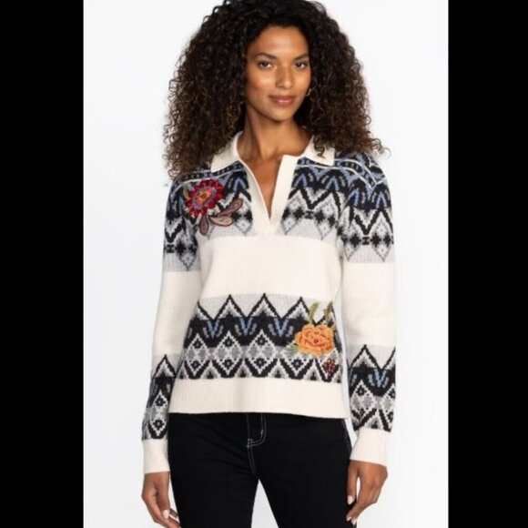 NWT Johnny Was The Fairisle Polo Sweater Wool/Cashmere Ecru Large - Picture 6 of 13